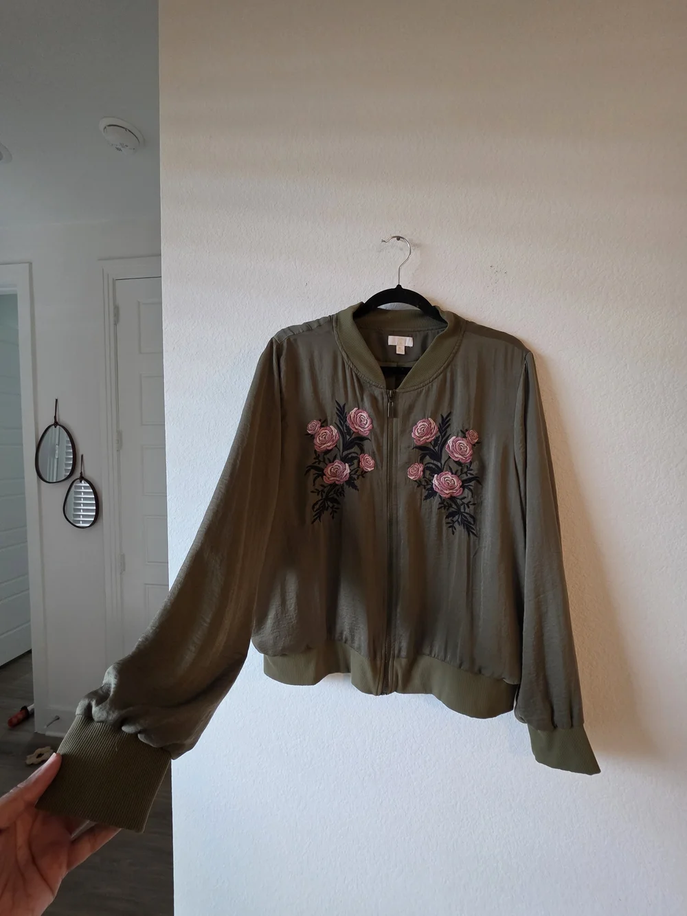 Women's Olive Green Embroidered Rose Bomber Jacket - Picture 2 of 9